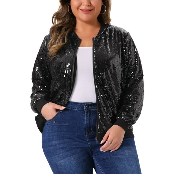 Women's Plus Size Metallic Jacket Sparkle Party Sequin Bomber Jackets - Agnes Orinda 4X Black