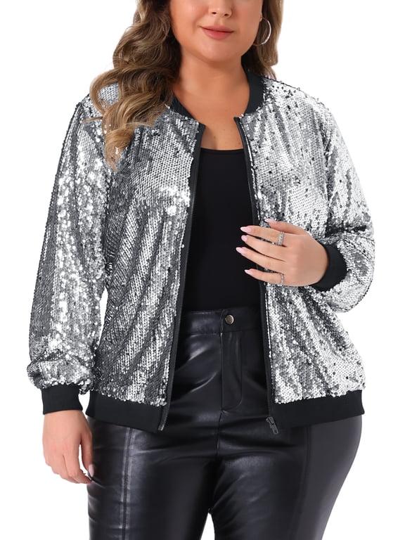 Women's Plus Size Metallic Jacket Sparkle Party Sequin Bomber Jackets 4X Silver