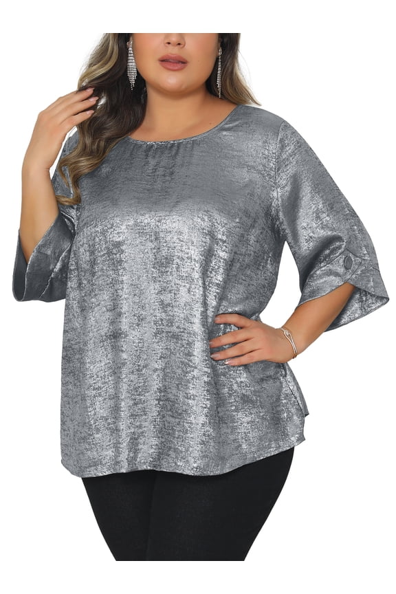 Women's Plus Size Metallic Sparkly Tops Crew Neck 3/4 Sleeve Shirts Casual Patry Tunic Blouses 1X Silver