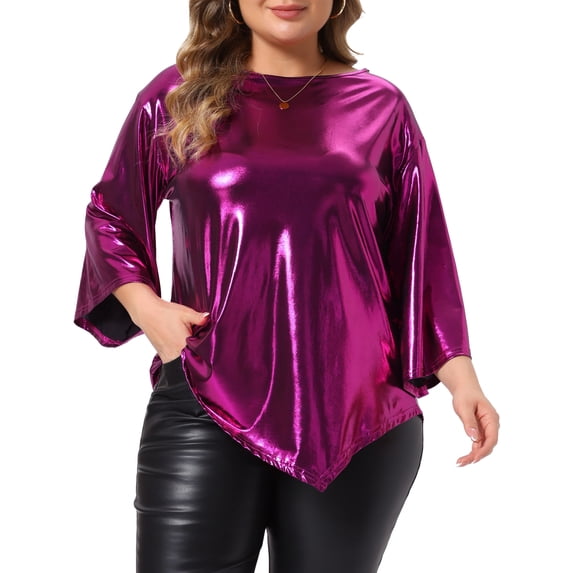 Agnes Orinda Women's Plus Size Halloween Outfits Metallic Top Glitter Crew Neck 3/4 Bell Sleeve Asymmetric Hem Club Party Shiny Blouse 3X Purple Red
