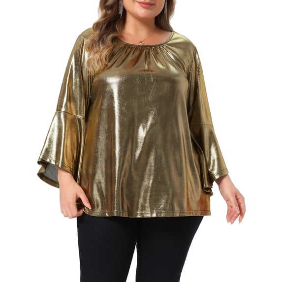 Agnes Orinda Women's Plus Size Halloween Outfits Metallic Top Round Neck 3/4 Flared Bell Sleeve Front Pleated Glam Shiny Party Club Blouse 2X Gold