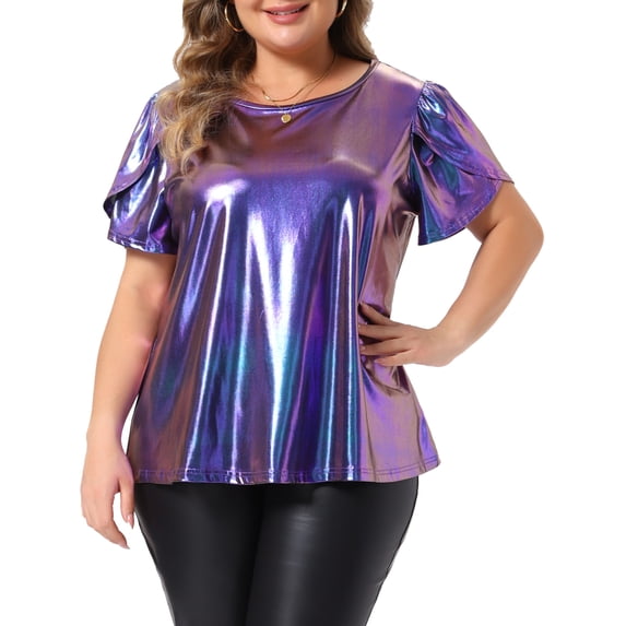 Agnes Orinda Women's Plus Size Halloween Outfits Metallic Tops Crew Neck Short Tulip Sleeve Disco Party Sparkly Blouses 1X Purple