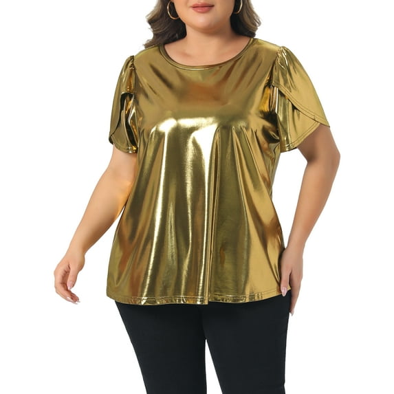 Agnes Orinda Women's Plus Size Metallic Tops Crew Neck Short Tulip Sleeve Disco Party Sparkly Blouses 3X Gold