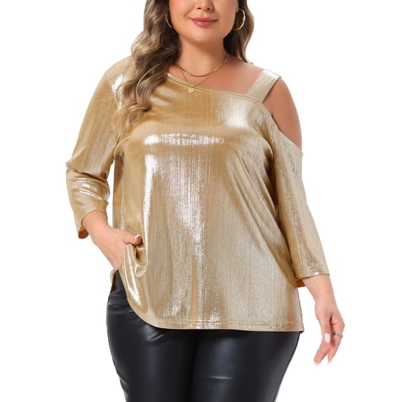 Agnes Orinda Women's Plus Size Halloween Outfits Metallic Tops Glitter Sparkle One Shoulder 3/4 Sleeve Shiny Party Tee Blouse 1X Champagne