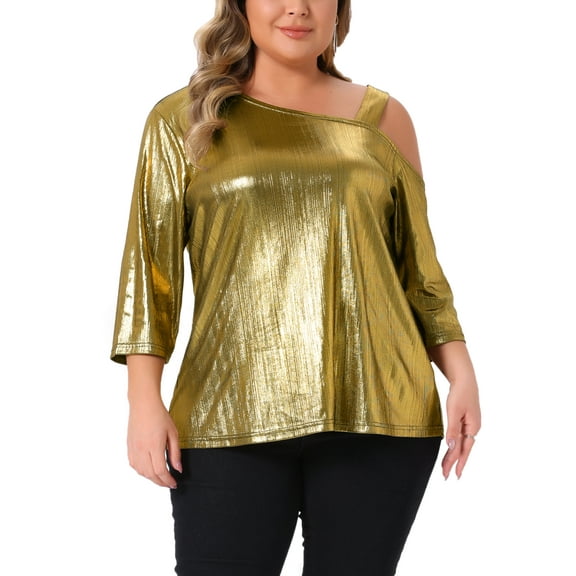 Agnes Orinda Women's Plus Size Metallic Tops Glitter Sparkle One Shoulder 3/4 Sleeve Shiny Party Tee Blouse 1X Gold