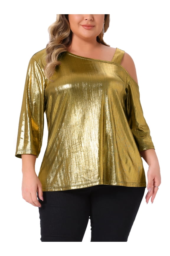 Women's Plus Size Metallic Tops Glitter Sparkle One Shoulder 3/4 Sleeve Shiny Party Tee Blouse 2X Gold