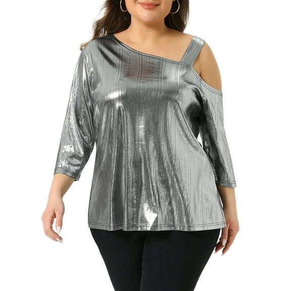 Agnes Orinda Women's Plus Size Metallic Tops Glitter Sparkle One Shoulder 3/4 Sleeve Shiny Party Tee Blouse 3X Silver