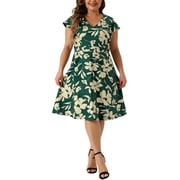 AGNES ORINDA Women's Plus Size Dresses Deep V Neck Above Knee Cap Sleeve Floral Dress Dark Green 4X