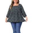 thumbnail image 1 of Agnes Orinda Women's Plus Size Babydoll Blouse Square Neck 3/4 Sleeve Floral Peplum Tops 3X Black, 1 of 6