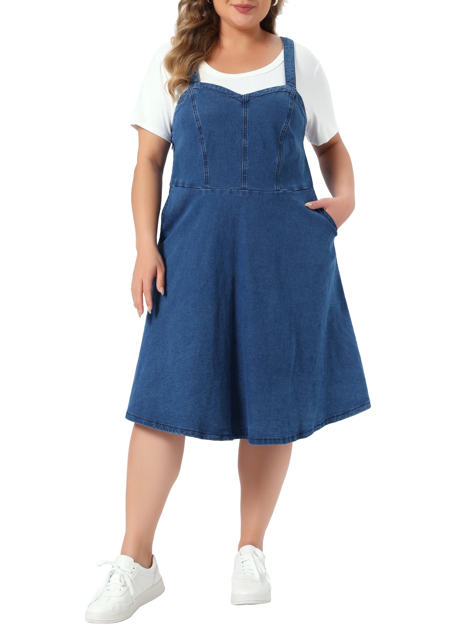 mother denim dresses Agnes Orinda Women's Plus Size Overall Dress Adjustable Straps A-Line Jean with Pockets 2X Mid Blue Period Style Ball Gown Letter:V Nature calls Strapless Wedding Dress Hairstyle Evening gowns