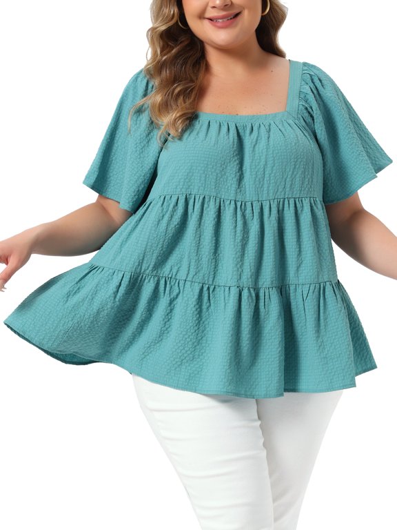 Women's Plus Size Easter Tops Textured Square Neck Short Sleeve Flowy Swing Peplum Summer Casual Babydoll Blouses 4X Lake Blue