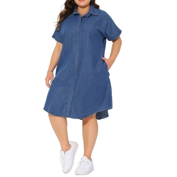 Agnes Orinda Women's Plus Size Mother's Day Jean Denim Dress Lapel Short Sleeve Button Down Curved Hem Casual A Line Midi Dresses with Pockets 6X Blue
