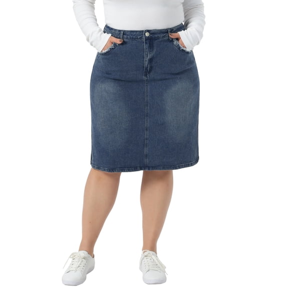 Agnes Orinda Women's Plus Size Pencil Skirt Casual Slim Side Slit Jean Denim Skirts 1X Mid Blue