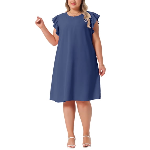 Agnes Orinda Women's Plus Size Summer Dresses Flutter Sleeve Crew Neck Beach Casual Midi Sundress 3X Navy Blue