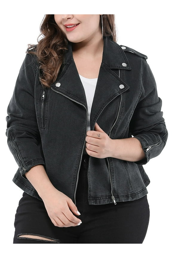 Women's Plus Size Motorcycle Jacket Inclined Zip Biker Denim Jean Jacket 1X Black