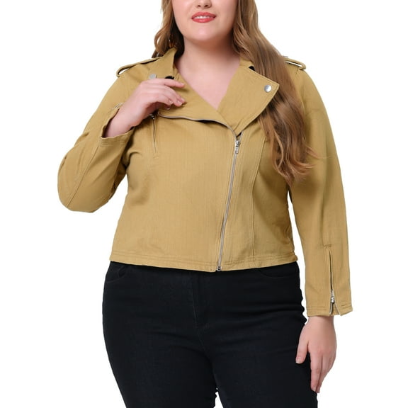Agnes Orinda Women's Plus Size Motorcycle Jacket Inclined Zip Biker Denim Jean Jacket 2X Khaki