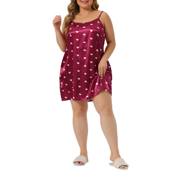 Agnes Orinda Women's Plus Size Valentines Day Nightgown Camisole Sleeveles Heart Print Lingerie Dress Sleepwear 2X Burgundy