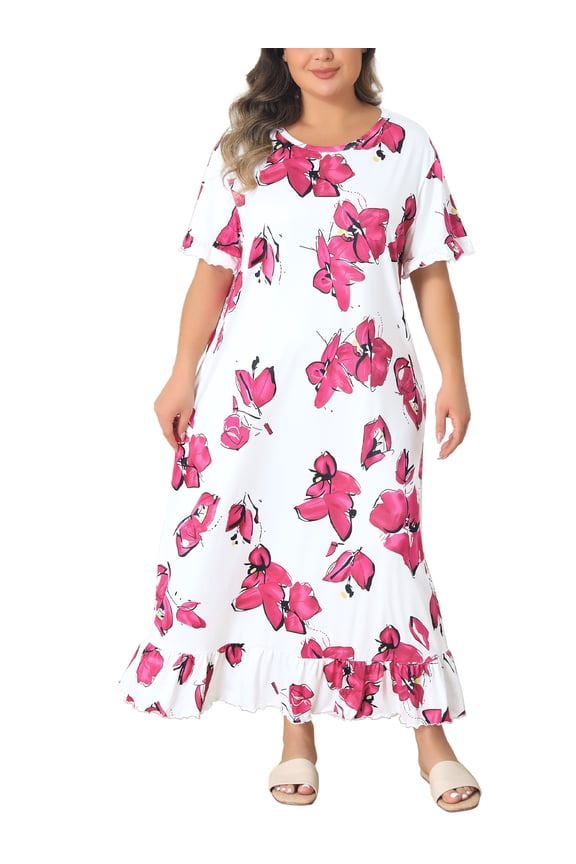 Women's Plus Size Nightgown Floral Crew Neck Short Sleeve Ruffled Hem Sleep Dress Sleep Lounge Nightdress Night Shirts 5X White Pink