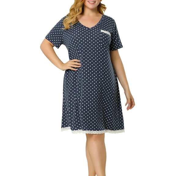 Agnes Orinda Women's Plus Size Nightgowns Polka Dots V Neck Short Sleeve Midi Sleepshirt 1X Navy Blue