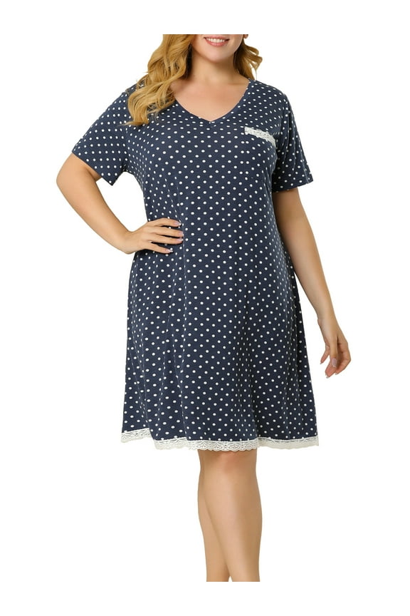 Women's Plus Size Nightgowns Polka Dots V Neck Short Sleeve Midi Sleepshirt 1X Navy Blue