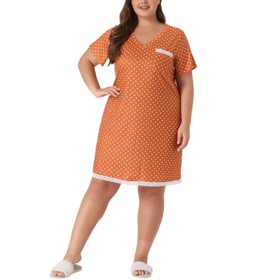 Agnes Orinda Women's Plus Size Nightgowns Polka Dots V Neck Short Sleeve Midi Sleepshirt 2X Orange