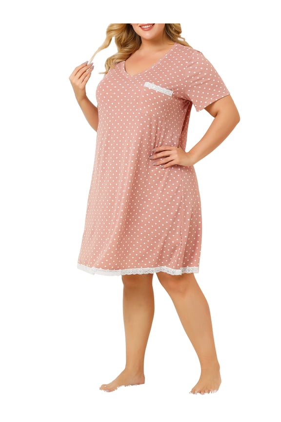 Women's Plus Size Nightgowns Polka Dots V Neck Short Sleeves Midi Sleepshirt 2X Pink