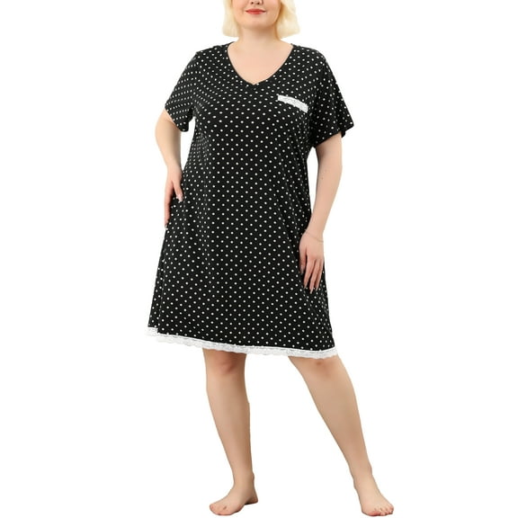 Agnes Orinda Women's Plus Size Nightgowns Polka Dots V Neck Short Sleeve Midi Sleepshirt 4X Black