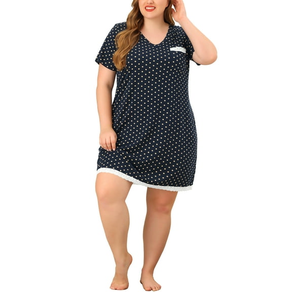 Agnes Orinda Women's Plus Size Nightgowns Polka Dots V Neck Short Sleeve Midi Sleepshirt 4X Dark Blue