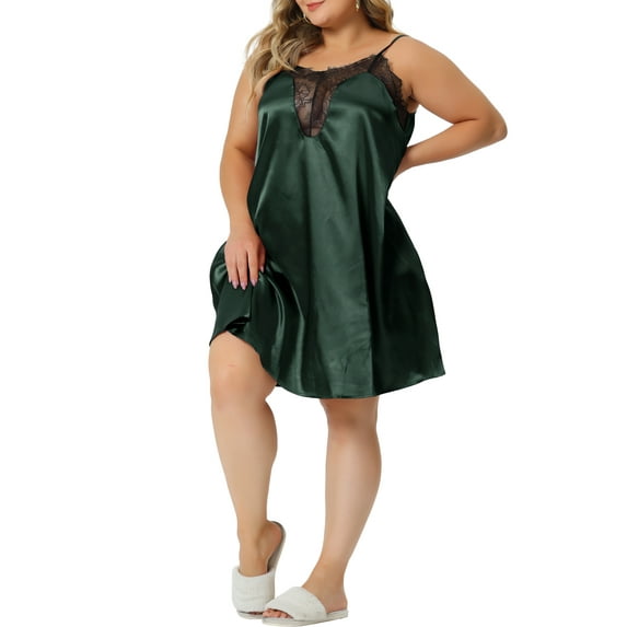 Agnes Orinda Women's Plus Size Valentines Day Nightgown Spaghetti Strap Lace Lounge Satin Sleep Dresss 2X Green