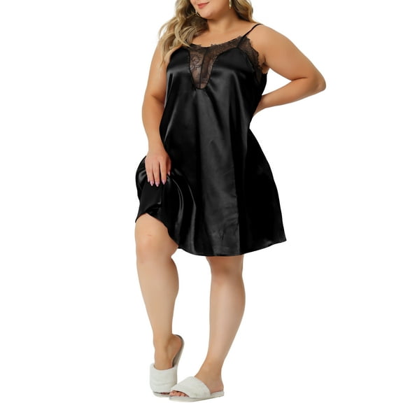 Agnes Orinda Women's Plus Size Valentines Day Nightgown Spaghetti Strap Lace Lounge Satin Sleep Dresss 3X Black
