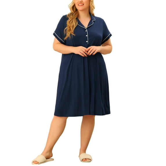 Agnes Orinda Women's Plus Size Nightgowns Button Down Sleepshirt Nightshirt Soft Sleepwear Pajama Dress 1X Dark Blue