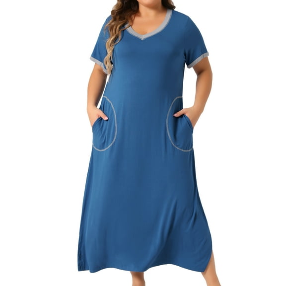 Agnes Orinda Women's Plus Size Valentines Day Nightgowns Contrast Color V Neck Loungewear Short Sleeve Long Sleepwear with Pockets 4X Blue