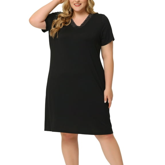 Agnes Orinda Women's Plus Size Nightgowns Lace V Neck Short Sleeve Pajamas Sleepwear Dress 3X Black