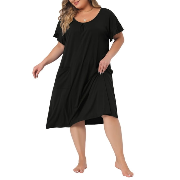 Agnes Orinda Women's Plus Size Nightgowns Pajamas Short Sleeve V Neck Soft Nightshirt with Pockets 3X Black