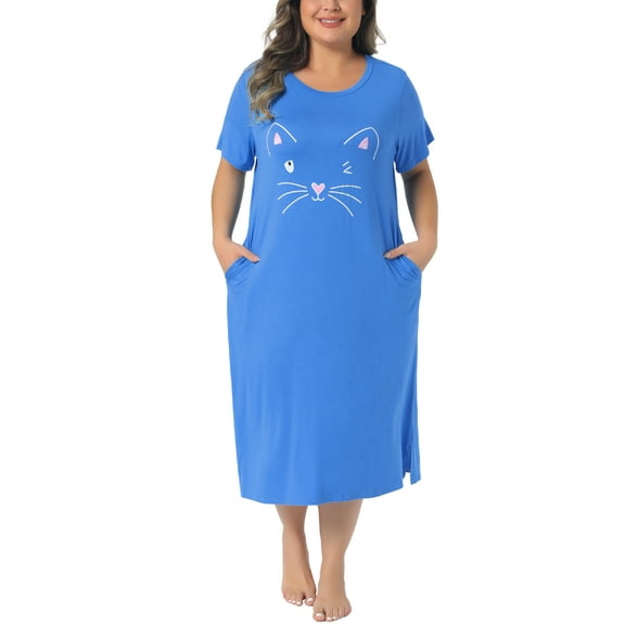 Agnes Orinda Women's Plus Size Nightgowns Crew Neck Short Sleeves Sleep Dress Cats Print Pajamas Lounge Home with Pocket 4X Blue