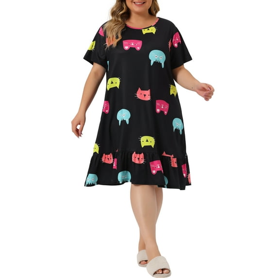 Agnes Orinda Women's Plus Size Nightgowns Short Sleeves Cats Print Midi Pajamas Sleepdress 2X Black