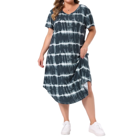 Agnes Orinda Women's Plus Size Nightgowns Tie Dye Crew Neck Short Sleeve Pajamas Soft Sleepwear Lounge Midi Sleepdress 4X Gray Black