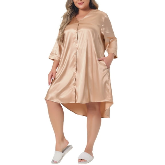 Agnes Orinda Women's Plus Size Nightshirt Satin Button Down 3/4 Sleeve Nightgown with Pockets 4X Champagne