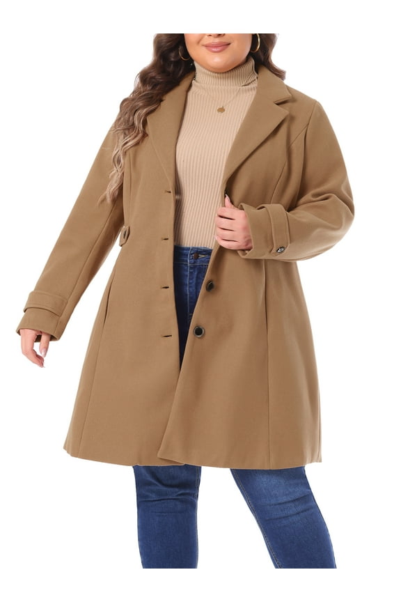 Women's Plus Size Notched Lapel Elegant Fall Winter Overcoat 4X Camel