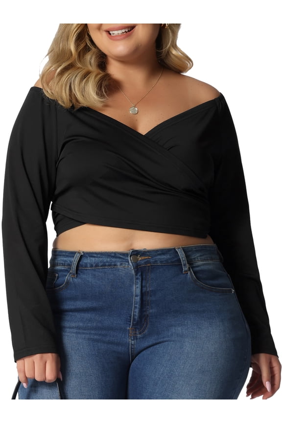 Women's Plus Size Off Shoulder Crop Cross Wrap Fashion Blouse 2X Black