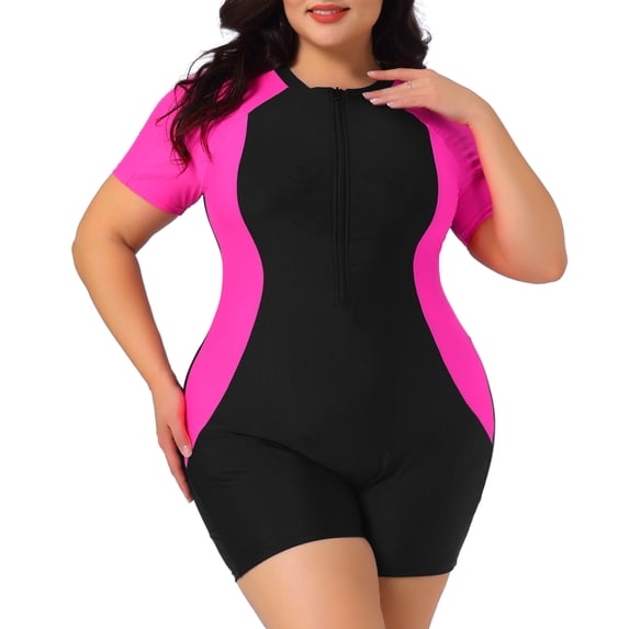Agnes Orinda Women's Plus Size One Piece Swimsuits Contrast Colors Tummy Zipper Crew Neck Short Sleeve Beach Swimwear 1X Hot Pink