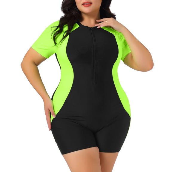 Agnes Orinda Women's Plus Size One Piece Swimsuits Contrast Colors Tummy Zipper Crew Neck Short Sleeve Beach Swimwear 2X Green