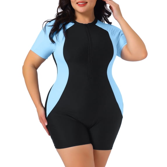 Agnes Orinda Women's Plus Size One Piece Swimsuits Contrast Colors Tummy Zipper Crew Neck Short Sleeve Beach Swimwear 3X Light Blue