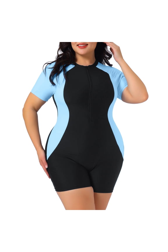 Women's Plus Size One Piece Swimsuits Contrast Colors Tummy Zipper Crew Neck Short Sleeve Beach Swimwear L Light Blue