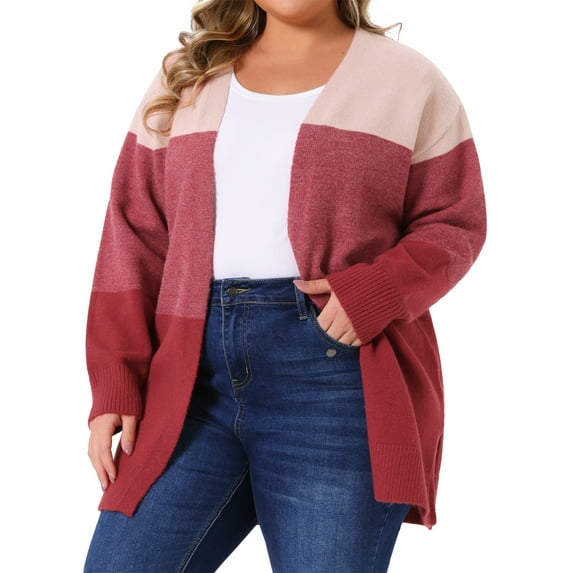 Agnes Orinda Women's Plus Size Open Front Cardigan Striped Color Block Side Split Long Sleeve Knit Sweaters Casual Outwear Coat 2X Red Pink
