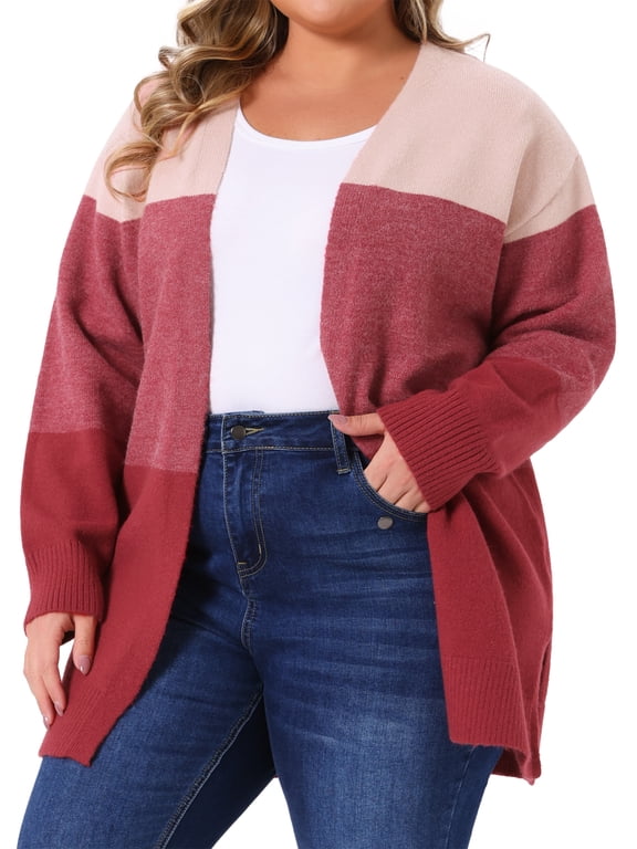 Women's Plus Size Open Front Cardigan Striped Color Block Side Split Long Sleeve Knit Sweaters Casual Outwear Coat 2X Red Pink