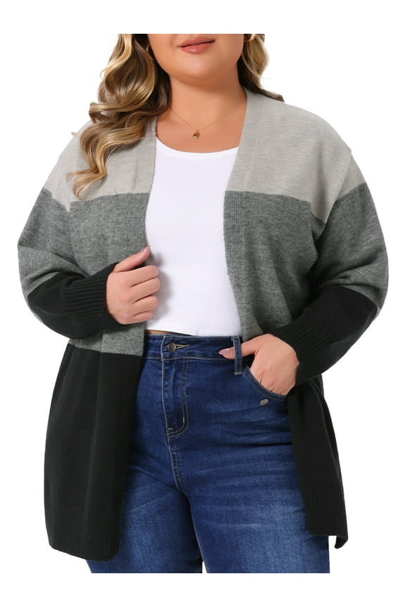 Women's Plus Size Open Front Cardigan Striped Color Block Side Split Long Sleeve Knit Sweaters Casual Outwear Coat 3X Black Grey