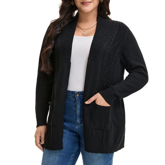 GRACE & GRANDEUR Women's Plus Size Open Front Long Sleeves Sweater Mid Length Cardigan 2X Black