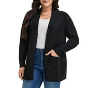 GRACE & GRANDEUR Women's Plus Size Open Front Long Sleeves Sweater Mid Length Cardigan 3X Black