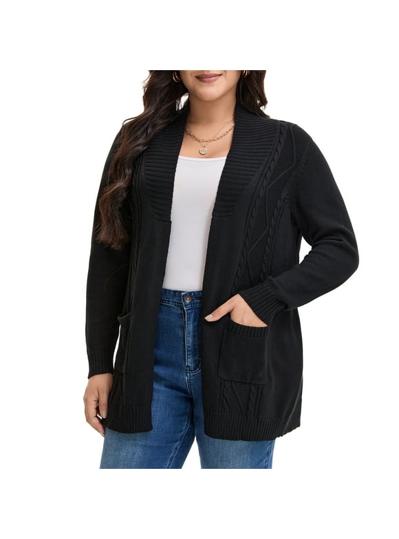 Women's Plus Size Open Front Long Sleeves Sweater Mid Length Cardigan 3X Black